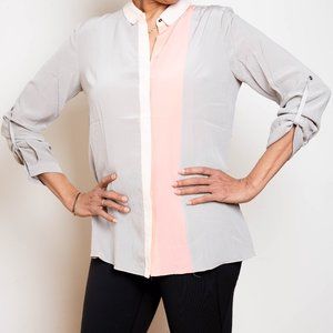 Elie Tahari 100% Silk grey and pink long sleeve blouse, size S